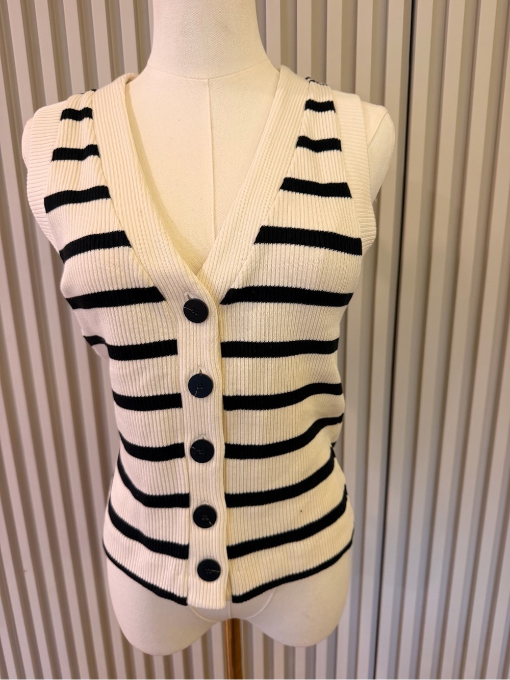 Massimo Dutti Cream and Black Striped V-Neck Button Front Vest